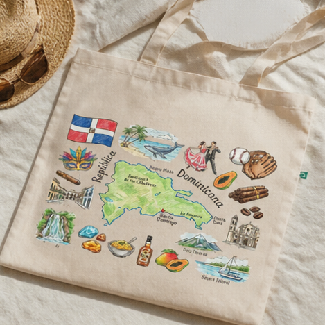 A beige canvas tote bag printed with a colorful illustrated map of the Dominican Republic, surrounded by small local icons like a flag, mask, coffee beans, and fruit, photographed on a light fabric surface with a straw hat and sunglasses partially visible.